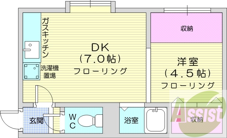 1DK、エアコン、灯油暖房、バストイレ別、ガスキッチン