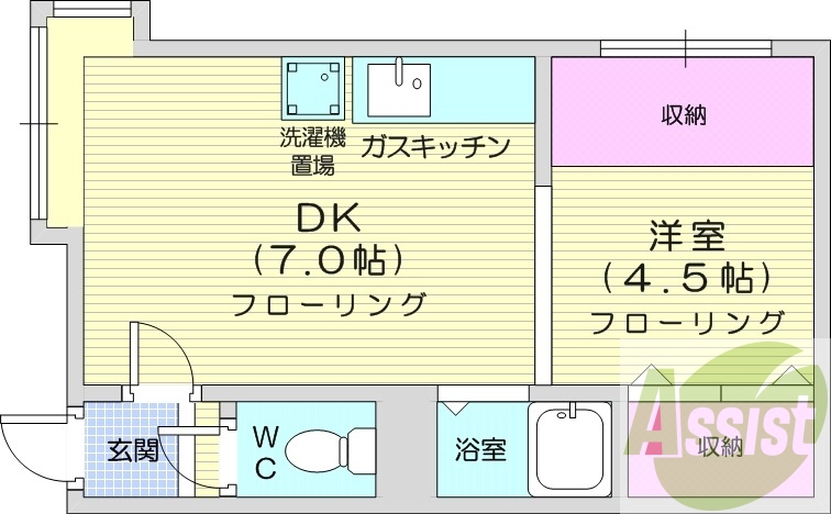 1DK、灯油暖房、バストイレ別、ガスキッチン