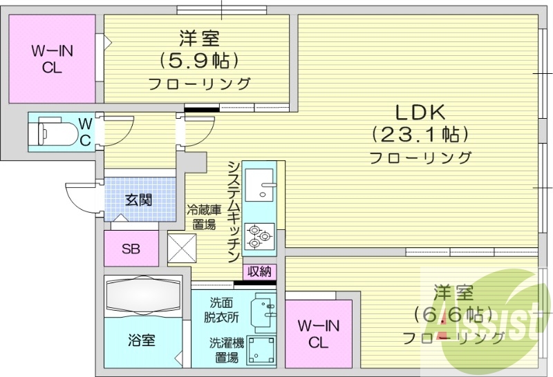 2LDK、エアコン、都市ガス、システムキッチン