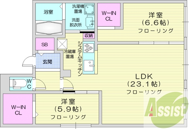 2LDK、エアコン、都市ガス、システムキッチン