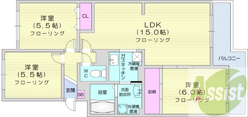 3LDK、独立洗面台、灯油暖房、トランクルーム、トイレ風呂別