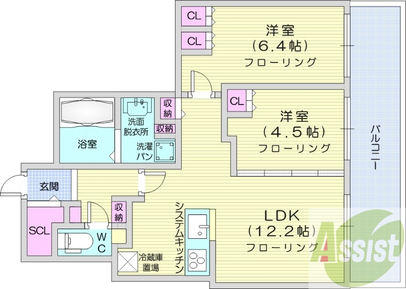 2LDK、システムキッチン、床暖房、シャワートイレ