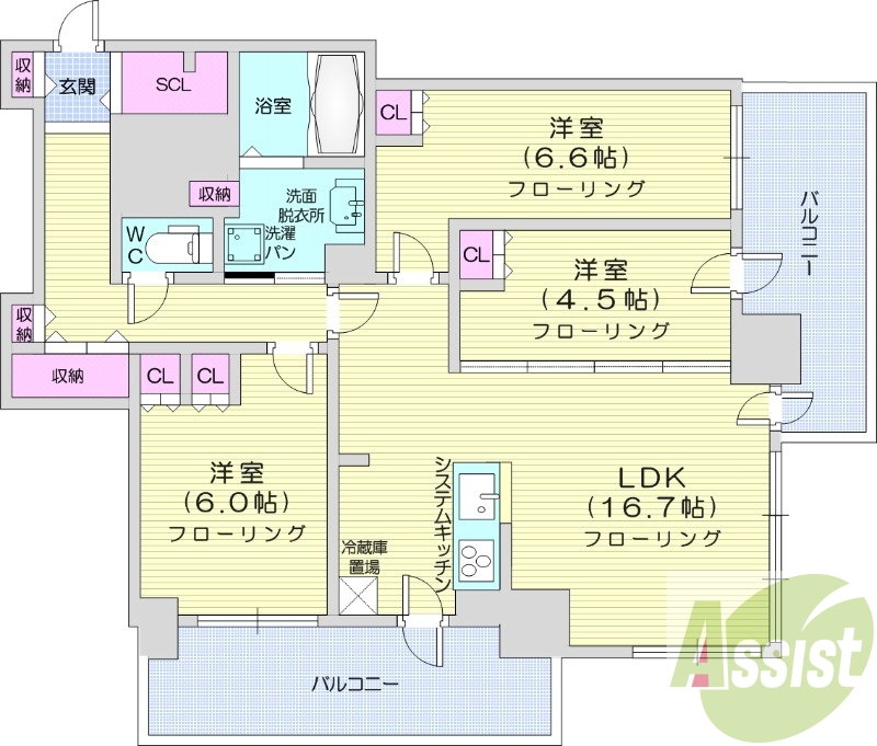 3LDK、システムキッチン、床暖房、シャワートイレ