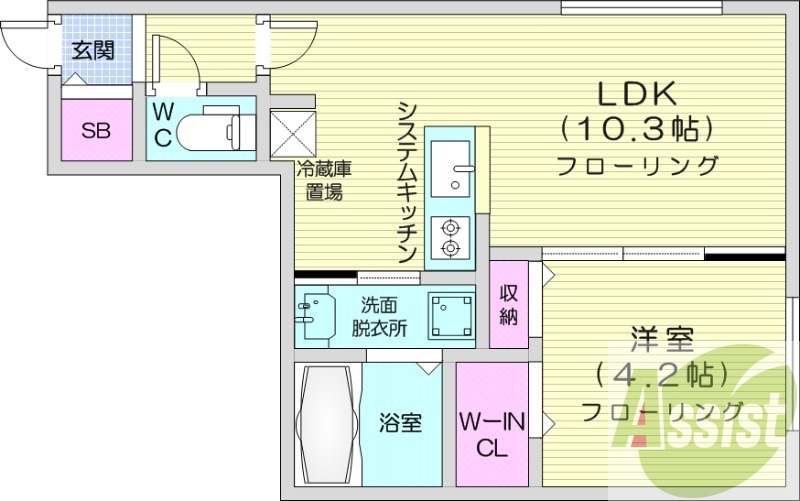 1LDK、都市ガス、エアコン、システムキッチン、浴室乾燥機