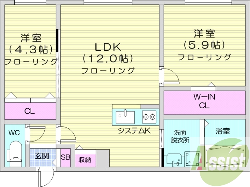 2LDK、都市ガス、エアコン、システムキッチン、浴室乾燥機