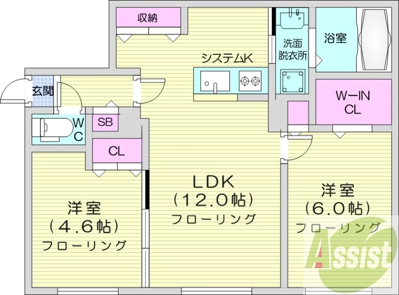 2LDK、都市ガス、エアコン、システムキッチン、浴室乾燥機