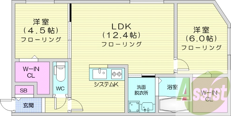 2LDK、都市ガス、エアコン、システムキッチン、浴室乾燥機