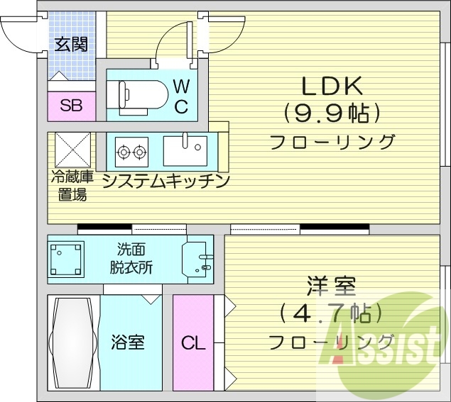 1LDK、エアコン、システムキッチン、ネット無料