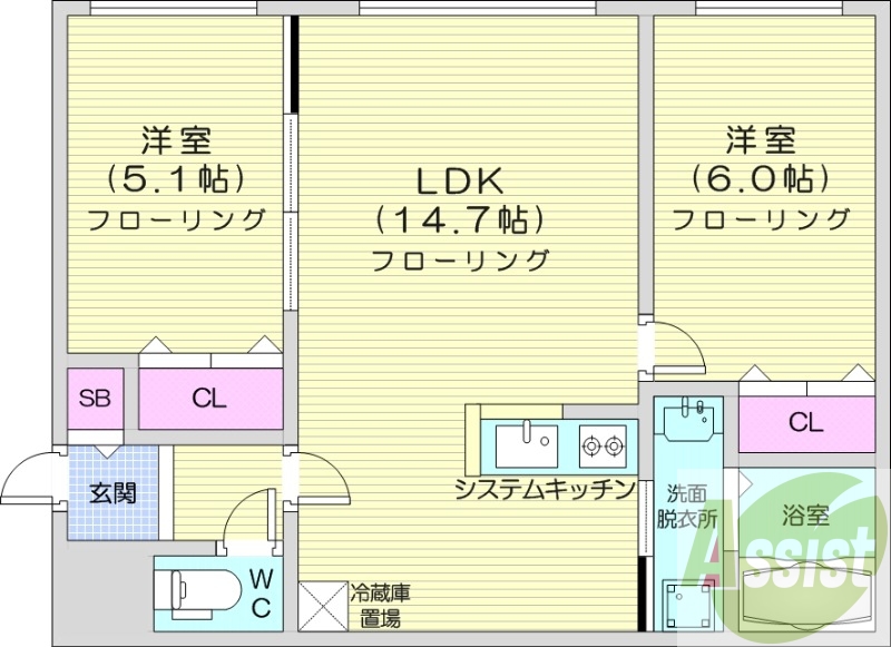 2LDK、エアコン、システムキッチン、追い焚き