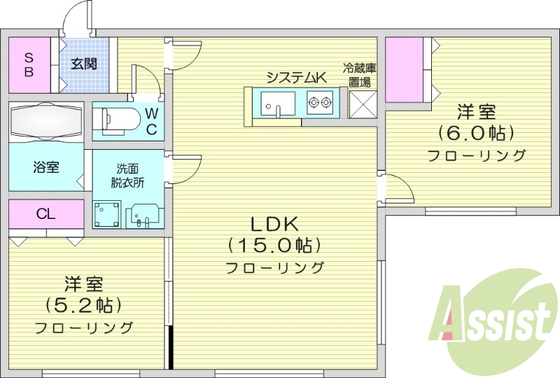 2LDK、エアコン、システムキッチン、追い焚き