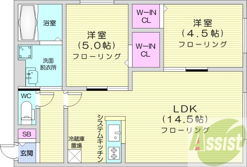 2LDK、都市ガス、エアコン、システムキッチン、