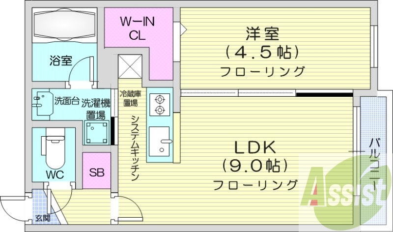 1LDK、エアコン、都市ガス、システムキッチン