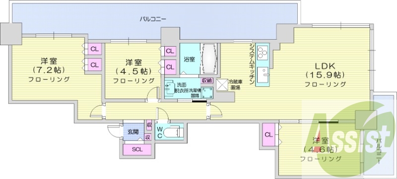 3LDK、システムキッチン、床暖房、シャワートイレ
