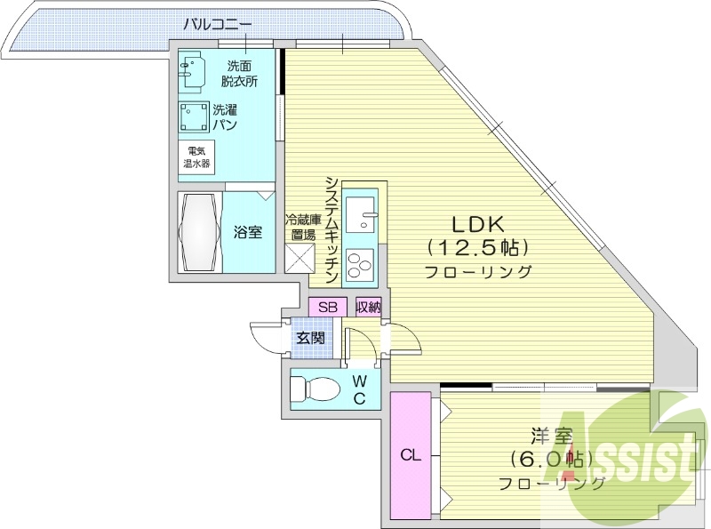1LDK、オール電化、独立洗面台、システムキッチン