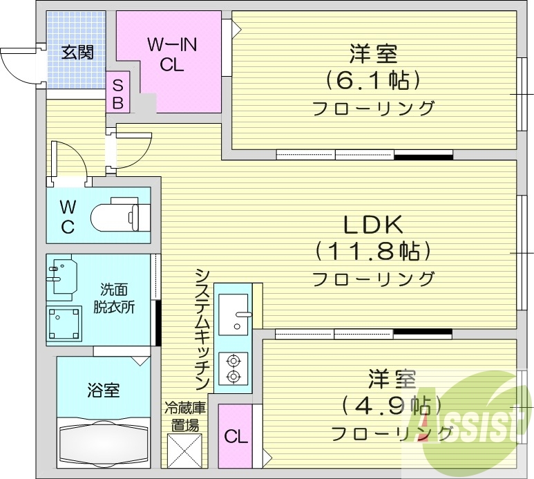 2LDK、エアコン、都市ガス、独立洗面台