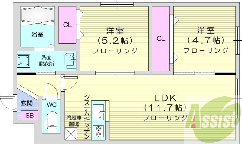 2LDK、エアコン、都市ガス、独立洗面台