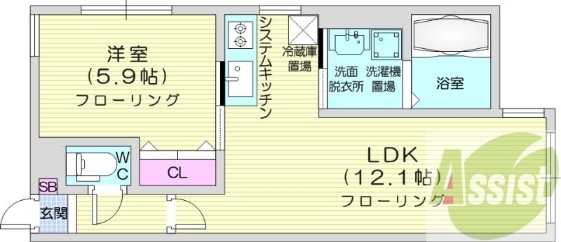 1LDK、角部屋、都市ガス、ネット無料、システムキッチン