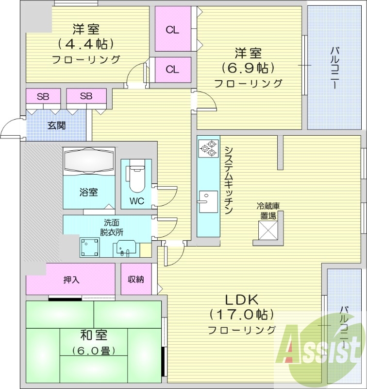 3LDK、都市ガス、独立洗面台、システムキッチン