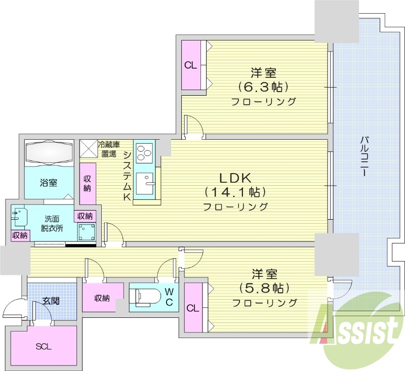 2LDK、都市ガス、オートロック、システムキッチン