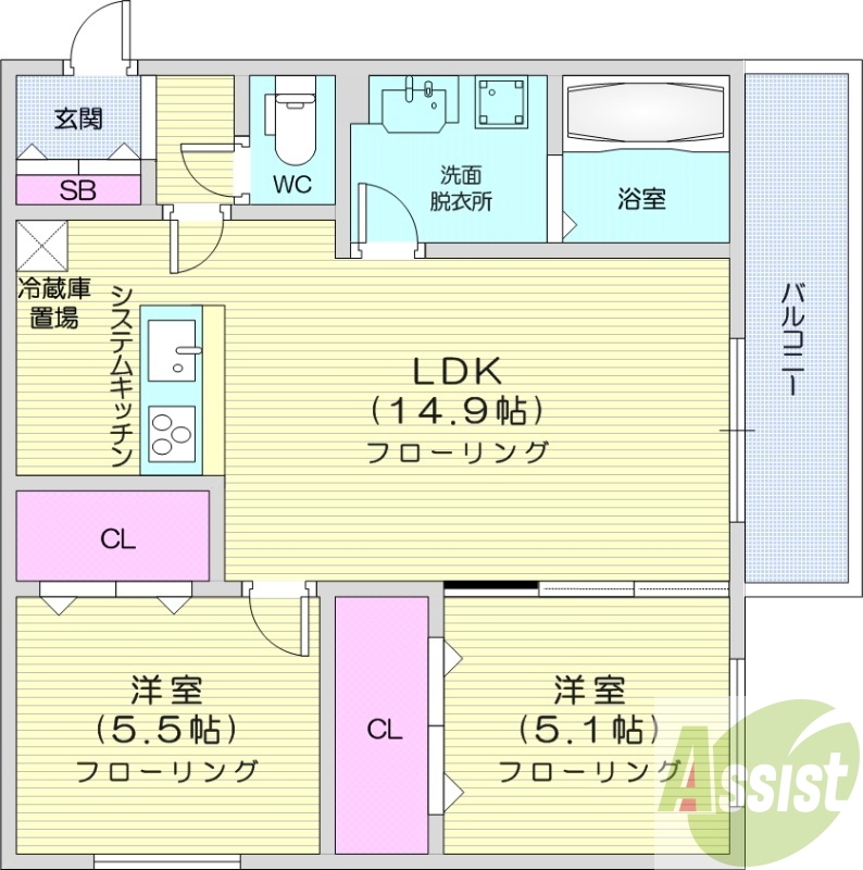 2LDK、クローゼット、システムキッチン、シューズボックス