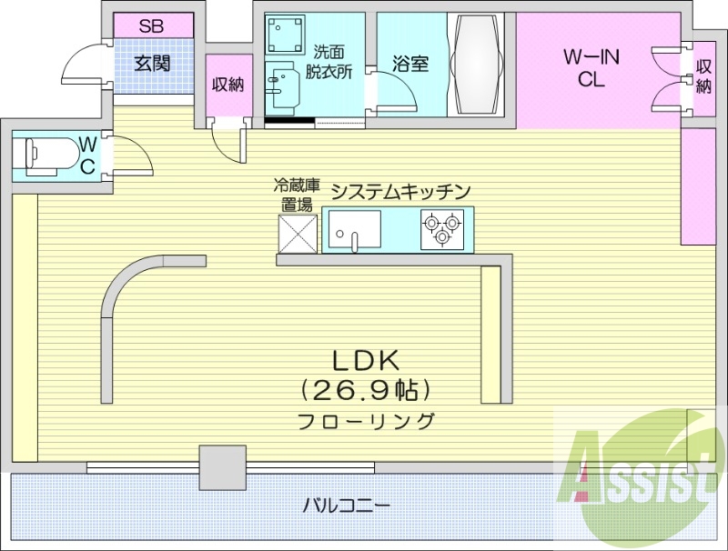 1R、システムキッチン、都市ガス、インターネット使用無料