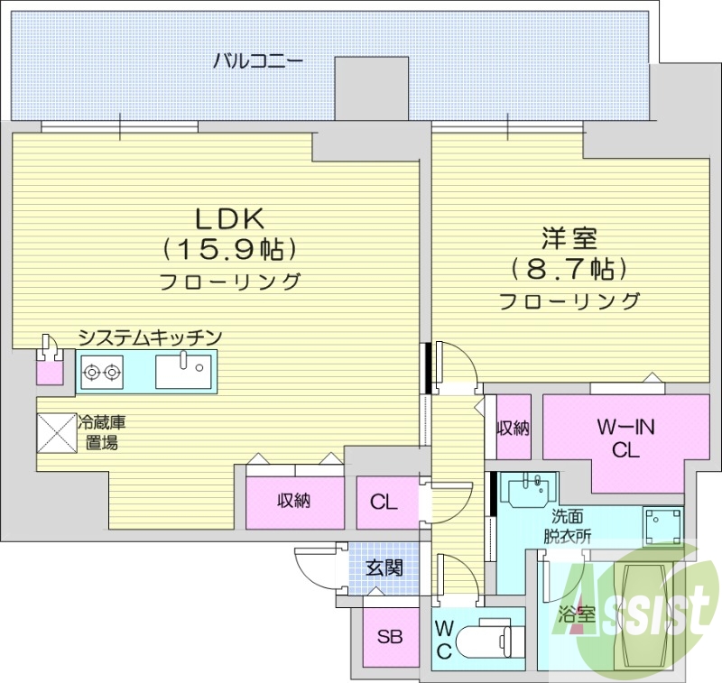1LDK、都市ガス、システムキッチン、エアコン