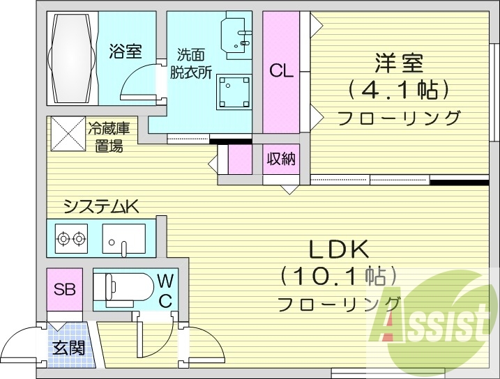 1LDK、都市ガス、エアコン、システムキッチン