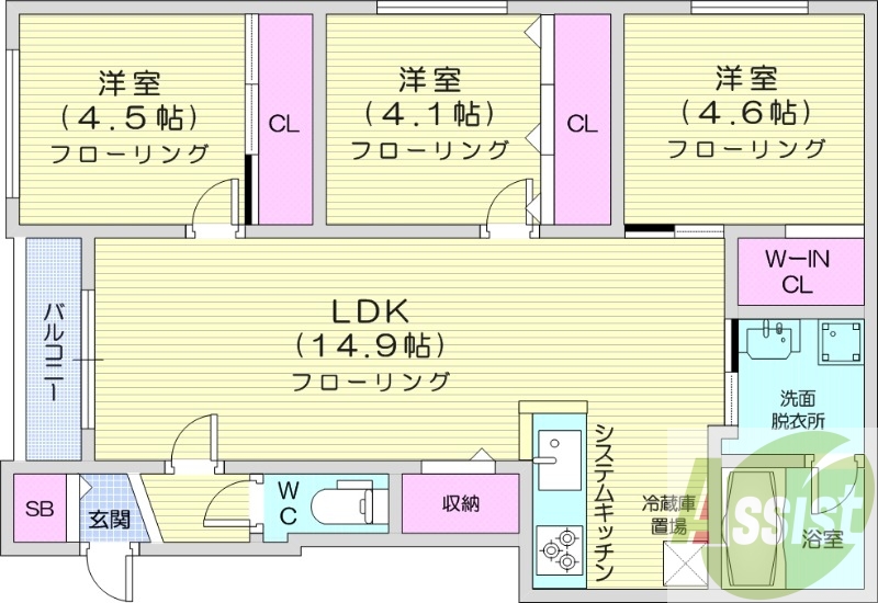 3LDK、都市ガス、エアコン、システムキッチン
