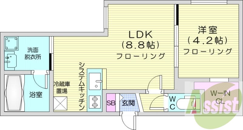 1LDK、都市ガス、エアコン、システムキッチン