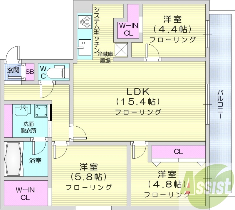 3LDK、都市ガス、エアコン、システムキッチン