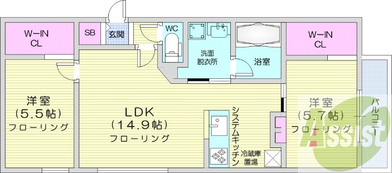 2LDK、エアコン、浴室乾燥機、システムキッチン