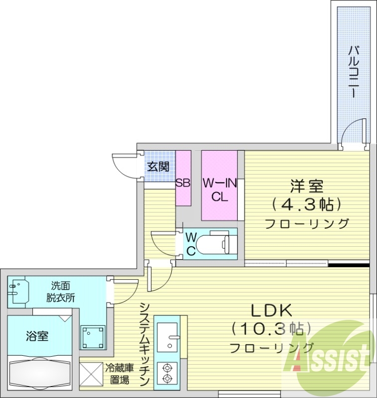 1LDK、都市ガス、エアコン、システムキッチン、浴室乾燥機