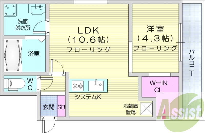 1LDK、都市ガス、エアコン、システムキッチン、浴室乾燥機