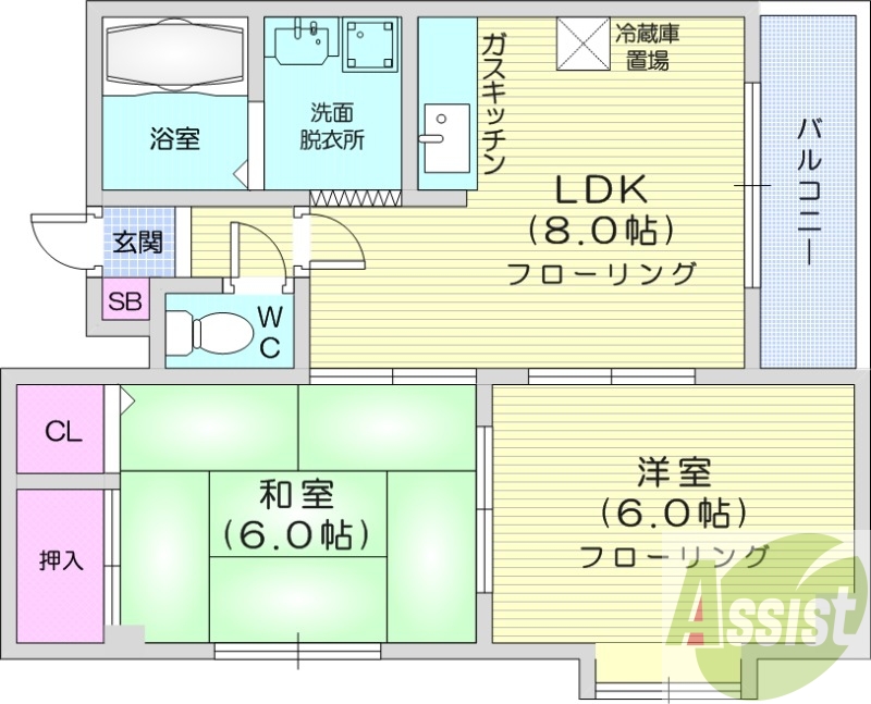 2DK、浴室乾燥機、都市ガス、バルコニー