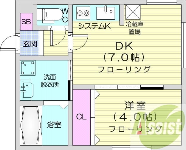 1DK、エアコン、システムキッチン、浴室乾燥機