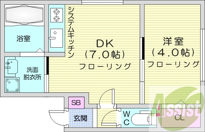 1DK、エアコン、システムキッチン、浴室乾燥機