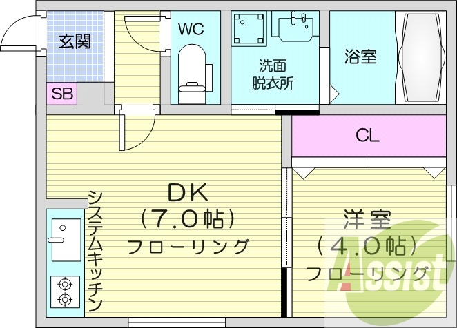 1DK、エアコン、システムキッチン、浴室乾燥機