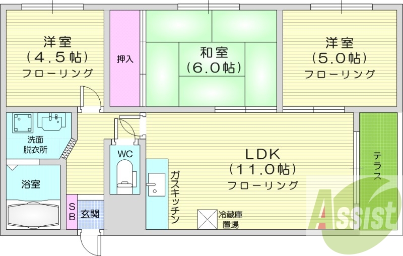 3LDK、独立洗面台、ペット可、TVモニターホン