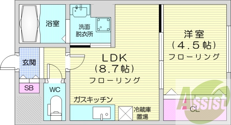 1LDK、灯油暖房、オートロック、洗濯機置場、バルコニー