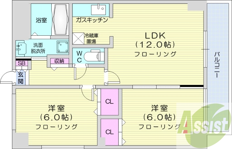 2LDK、バストイレ別、オートロック、シャンプードレッサー