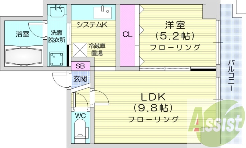 1LDK、バストイレ別、灯油FF暖房、オートロック