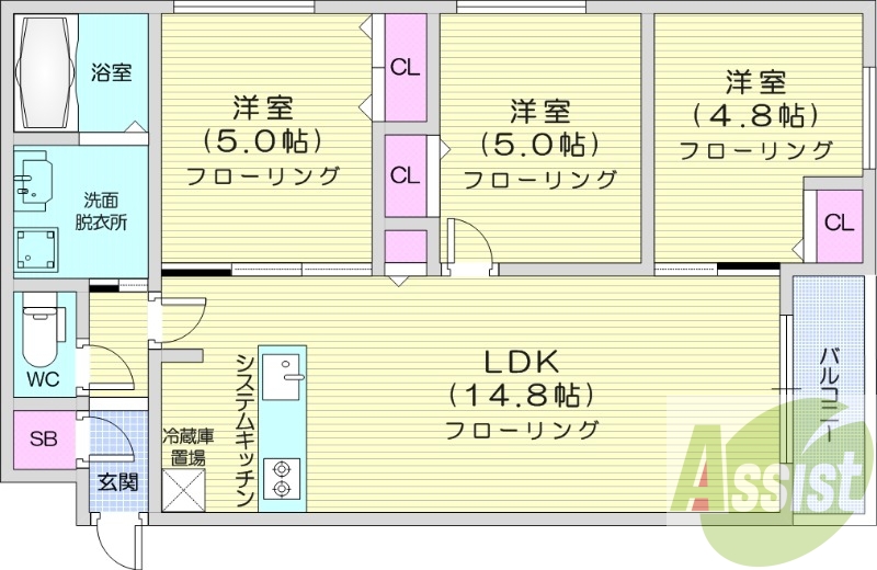 3LDK、エアコン、システムキッチン、独立洗面台