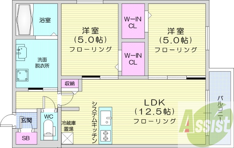 2LDK、エアコン、システムキッチン、独立洗面台