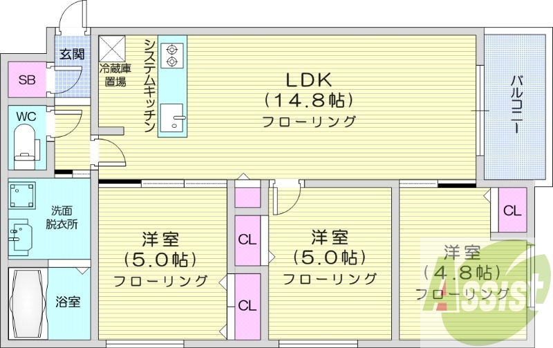 3LDK、エアコン、システムキッチン、独立洗面台
