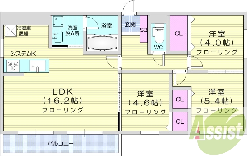 3LDK、エアコン、灯油暖房、システムキッチン