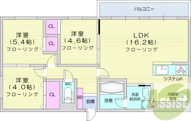 3LDK、エアコン、灯油暖房、システムキッチン