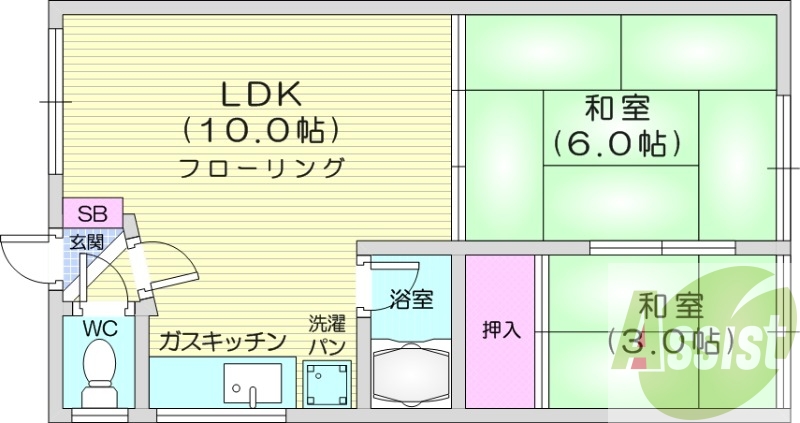 2LDK、最上階、トイレ風呂別、室内洗濯機置場