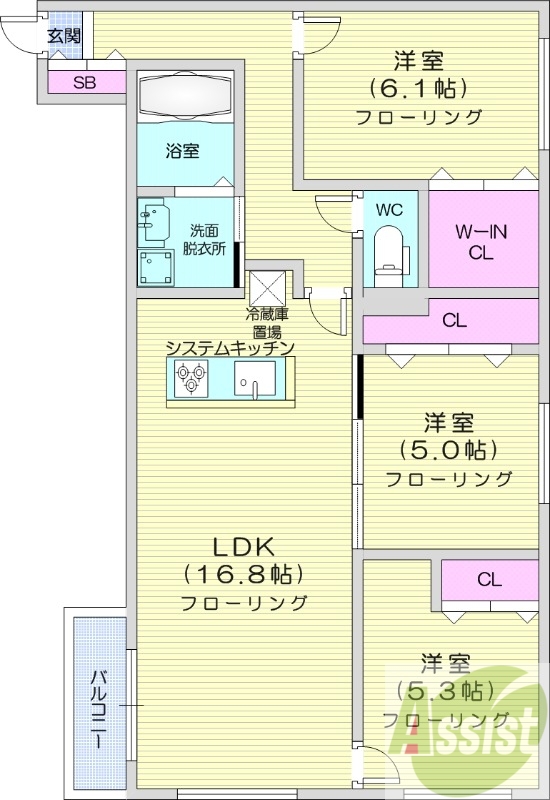 3LDK、都市ガス、エアコン、システムキッチン、追い焚き