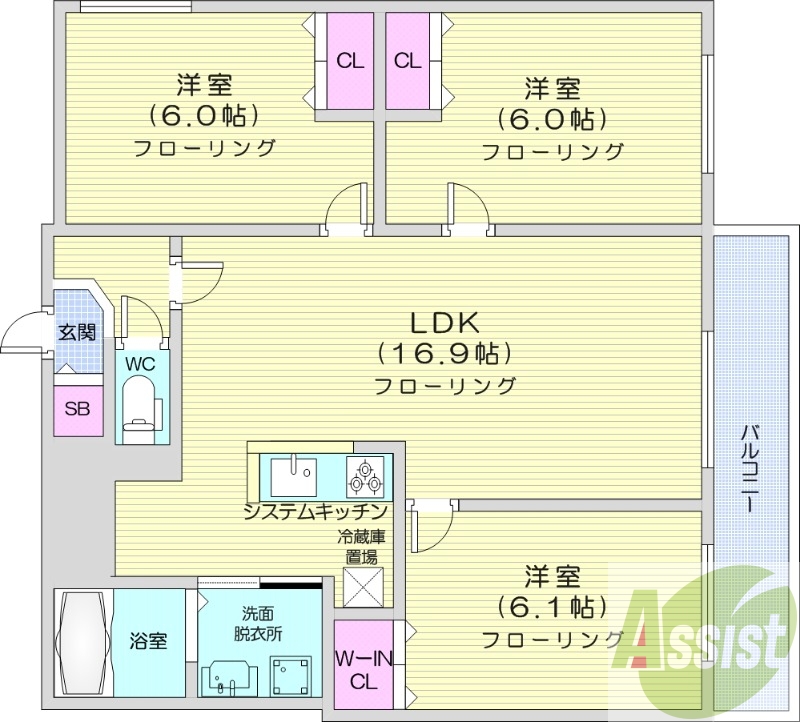 3LDK、都市ガス、エアコン、システムキッチン、追い焚き