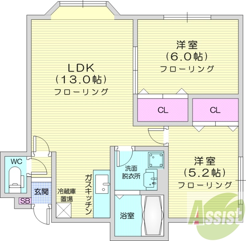 2LDK、洗面脱衣所、バストイレ別、クローゼット